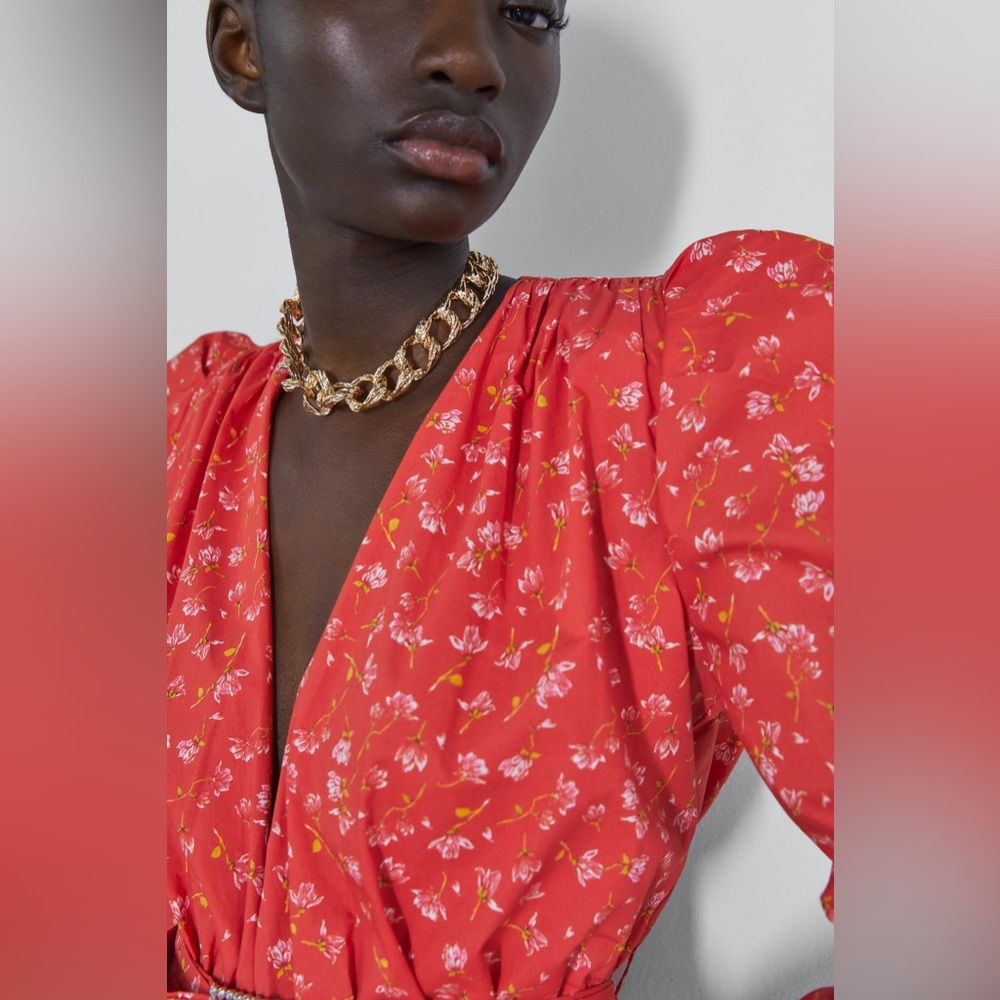 ZARA Red Floral Print Top Blouse With Belt Puff Shoulder - Picture 3 of 6